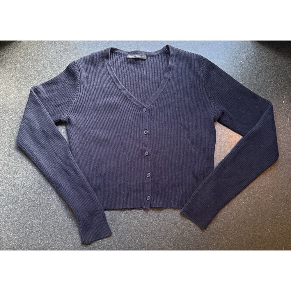Brandy Melville Navy Blue Rib Knit V-Neck Button Front Cardigan Sweater Top Sz S